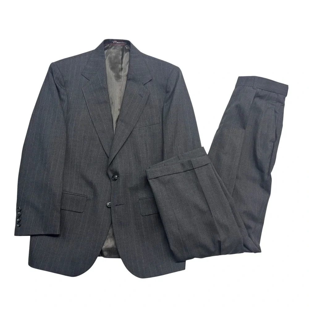 vtg 90s Stafford 38S 30x28 Gray Pinstripe 2pc Pant Suit USA Made Worsted Wool